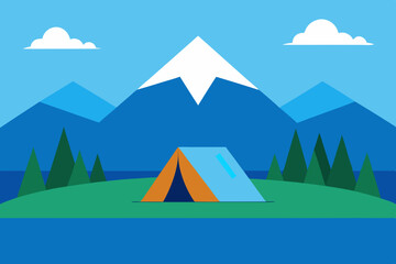 Mountain landscape vector illustration with a tent, trees, and sun under a clear sky for your camping and travel designs