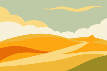 Vibrant vector illustration of a desert sunset over mountains, with an orange sky and silhouetted trees on the horizon