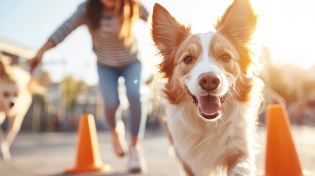 A happy border collie in motion, running towards the camera joyfully as a woman exercises in the background, capturing the bond between dogs and their owners in a sunny park.