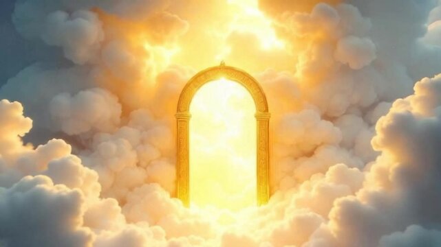 Radiant golden gates opening amid bright white clouds, a heavenly entrance symbolizing eternal peace, joy, and divine reward