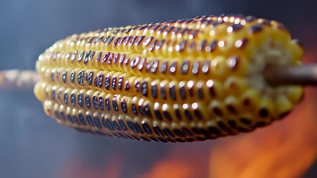 A delicious ear of corn is grilled over open flames on a skewer. This macro shot captures the charred, shiny yellow kernels in sharp detail, with smoke and fire creating a warm, soft-focus background.