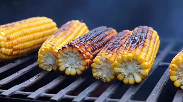 Ears of sweet corn sizzle on a dark metal grill grate over rising smoke. This detailed close-up focuses on the bright yellow kernels developing rich, dark char marks during a summer barbecue.