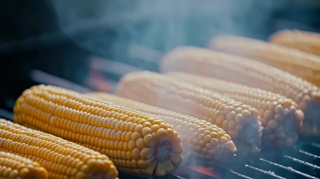 Fresh sweetcorn cobs are arranged in a row on a hot, smoking grill. This detailed close-up shot shows the kernels cooking over a fire, perfect for a summer barbecue, picnic, or outdoor meal.