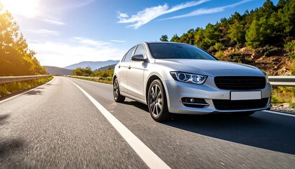 Fototapeta premium A silver car drives down an open highway under a bright blue sky during daylight on a sunny day.