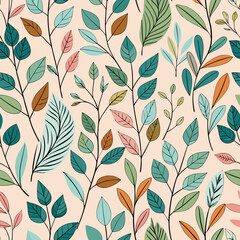 Tree branches and leaves seamless pattern for surface design and other design projects. Line art style drawing with small leaves in watercolor