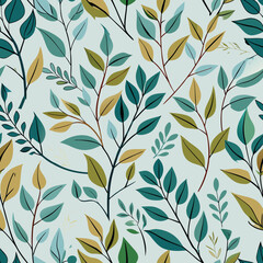 Tree branches and leaves seamless pattern for surface design and other design projects. Line art style drawing with small leaves in watercolor