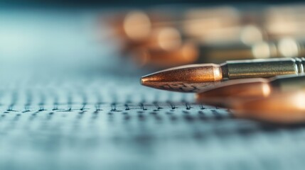 A close-up view of a shiny bullet resting on a textured surface evokes themes of tension and power, emphasizing the intricate details and craftsmanship in a compelling composition.