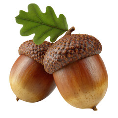 Two ripe acorns with oak leaf isolated on transparent background
