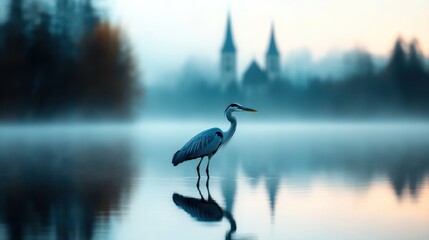 A solitary heron stands in the still waters of a misty landscape, reflecting serenity and calmness, evoking feelings of peace and connection with nature at dawn.