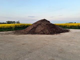 Beautiful rural landscape with pile of soil in front of bright yellow rapeseed flowers plants...