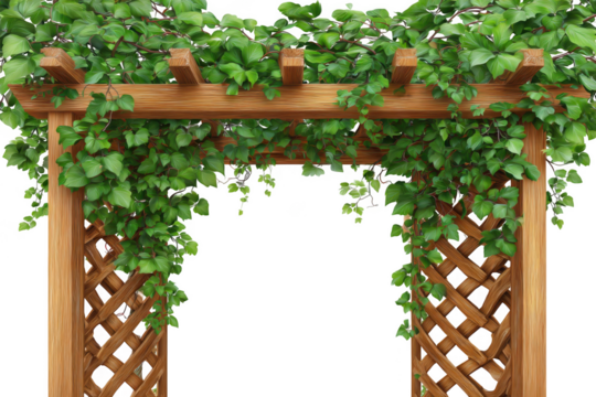 Wooden garden arbor covered in lush green ivy isolated on transparent background