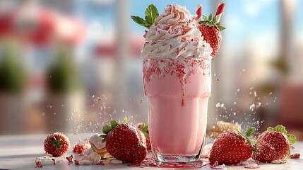 A strawberry milkshake with whipped cream and fresh strawberries on a bright background in a restaurant