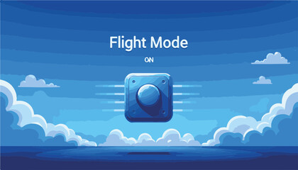 Flight mode button illustration with a blue toggle against a vibrant sky and cloud backdrop, digital technology concept for apps or travel agencies
