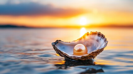 A captivating pearl resting in an open oyster shell against a shimmering sunset background highlights nature’s beauty, elegance, and the wonder of ocean treasures.