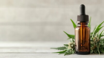 The amber cannabis oil bottle sits artfully against a backdrop of cannabis leaves, highlighting the growing trend of natural remedies and wellness in today’s health-conscious society.