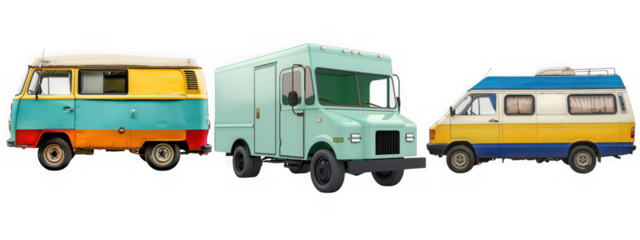 Collection of  Retro vans and food trucks isolated on transparent background