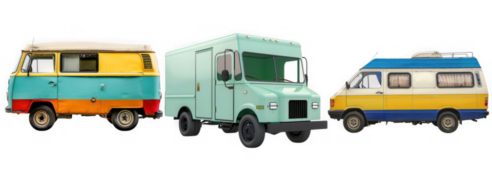 Collection of  Retro vans and food trucks isolated on transparent background