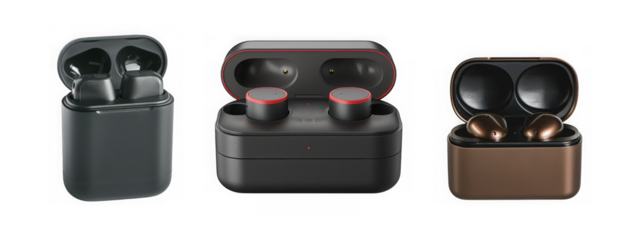Collection of Wireless earbuds open cases for men and women isolated on a transparent background