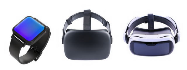 Collect of Vr headset black and smart watch isolated on transparent background