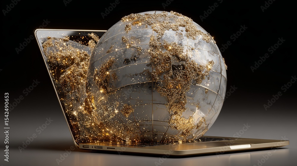 Poster a laptop displaying a globe with gold continents and glowing particles emerging from the screen on a