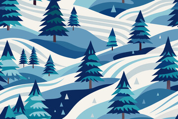 Obraz premium A seamless pattern of snow-covered Christmas trees in a winter forest landscape creates a festive holiday background illustration