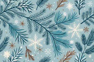 Seamless Christmas pattern with pine tree branches, snowflakes, and festive winter decoration