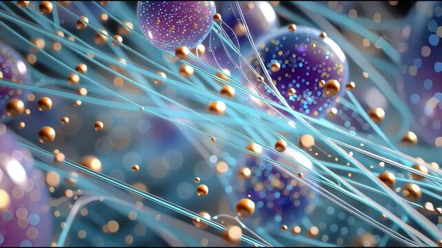 Futuristic 3D illustration of atomic or molecular structures with glowing particles and energy waves, representing quantum physics, nanotechnology, or scientific innovation