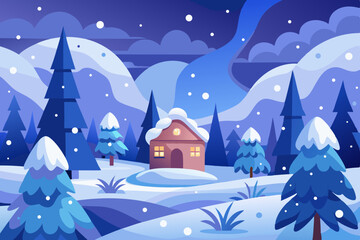 Christmas winter landscape with a snow-covered house, trees, and sky