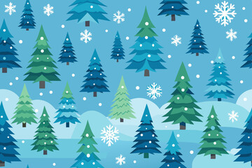 Obraz premium A serene winter landscape featuring snow-covered Christmas trees and a festive forest background, perfect for holiday season illustrations
