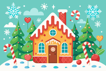 A charming Christmas house with a festive tree in a snowy winter landscape, perfect for a holiday card illustration