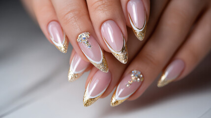 Women's hands with rhinestone-studded, high-end, stylish, and fashionable French gold glitter nails in the shape of stilettos. French manicure. design of nail art. nail extensions. acrylic nails. 