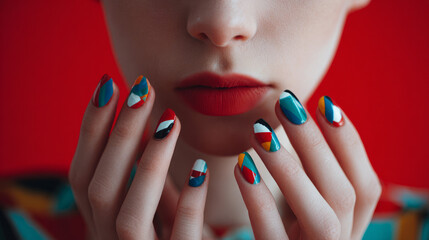 Naklejka premium Modern creative hand-painted nail varnish with a contemporary shape on a young woman's hands _New nail polish design