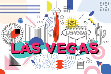 Las Vegas culture travel set, famous architectures, specialties in flat design. Business travel and tourism concept clipart. Image for presentation, banner, website, advert, flyer, roadmap, icons	