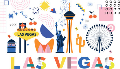 Las Vegas culture travel set, famous architectures, specialties in flat design. Business travel and tourism concept clipart. Image for presentation, banner, website, advert, flyer, roadmap, icons	