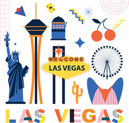 Las Vegas culture travel set, famous architectures, specialties in flat design. Business travel and tourism concept clipart. Image for presentation, banner, website, advert, flyer, roadmap, icons