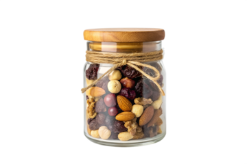 Delicious Trail Mix in Glass Jar with Wooden Lid Healthy Snack for Hiking, Travel, and Everyday Enjoyment