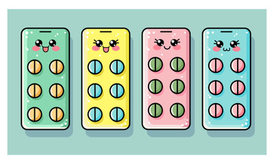 Set of kawaii cute vitamins for kids, tablets, pills and blister pack. Medical vector illustration for children, baby. Kawaii packing of tablets, antibiotics, vitamins, aspirin