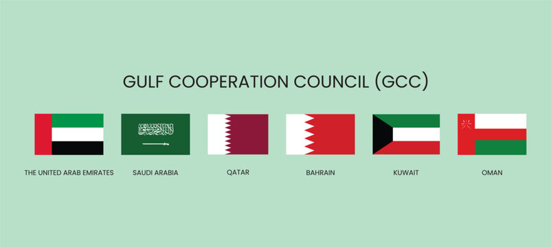Gulf Cooperation Council GCC Members Flag Set Vector Stock Illustration.