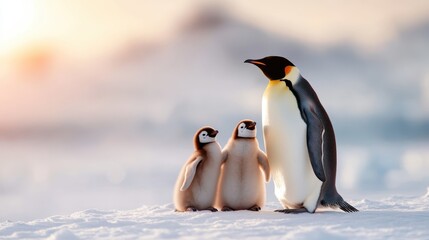 Obraz premium A majestic emperor penguin standing protectively with its adorable chicks on a snowy landscape, symbolizing family loyalty, care, and the beauty of the polar environment.