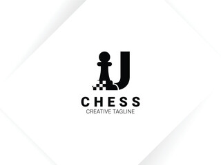 Simple letter U chess logo with pawn and chessboard symbol. Monogram logo template