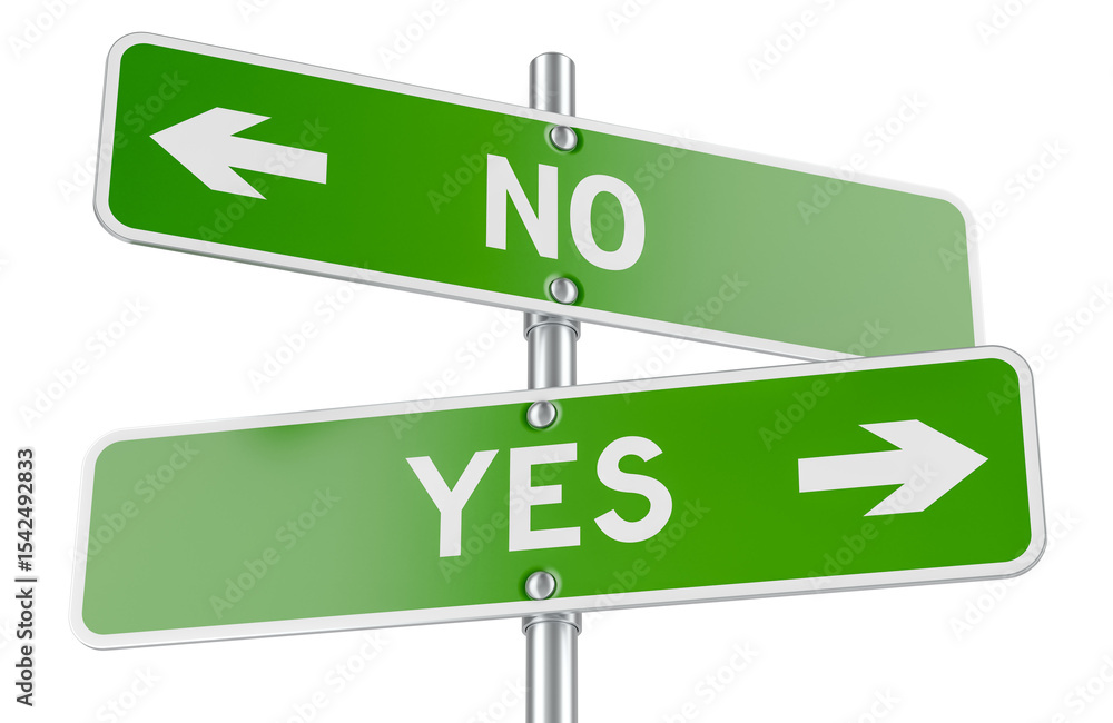 Poster yes and no road signs with arrows, decision making concept. 3d rendering isolated on transparent bac