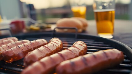 Appetizing sausages cook on a hot charcoal grill, sizzling as flames lick the meat. In the soft-focus background, buns, a glass of beer, and condiments await this classic outdoor meal.