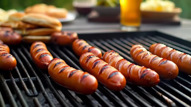 A row of plump sausages grills on a smoky BBQ, getting perfect char marks. The outdoor setting includes a picnic table with hot dog buns and a cold drink, creating a classic cookout atmosphere.