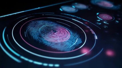 Futuristic digital fingerprint scanning interface featuring vibrant colors and intricate patterns, showcasing advanced technology and security features - Powered by Adobe
