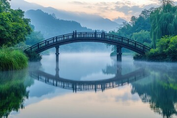 Fototapeta premium A serene landscape featuring a wooden bridge arching over a misty lake at dawn.