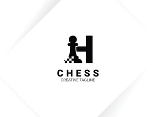 Simple letter H chess logo with pawn and chessboard symbol. Monogram logo template