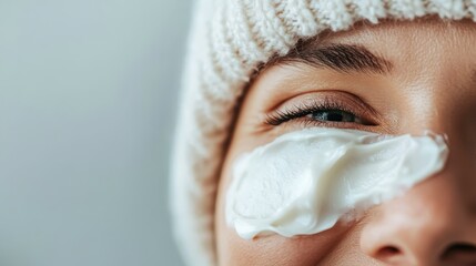 A cheerful woman with a face cream applied to her cheek radiates self-care and positivity, embodying the joy of skincare in a cozy and warm atmosphere.