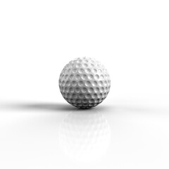 White golf ball resting on reflective black surface