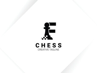 Simple letter F chess logo with pawn and chessboard symbol. Monogram logo template