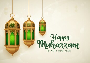 Happy Islamic New Year Celebration with Hanging Traditional Lanterns and Festive Greeting